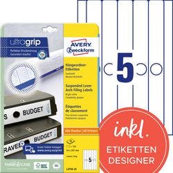 AVERY Zweckform ultragrip Hängeregister-Etiketten L4756-25 Selbsthaftend DIN A4 Weiß 3,4 x 29,7 cm 25 Blatt à 5 Etiketten Produktbild