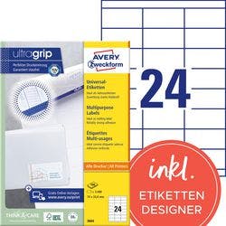 AVERY Zweckform ultragrip Universaletiketten 3664 Selbsthaftend DIN A4 Weiß 70 x 33,8 mm 100 Blatt à 24 Etiketten Produktbild Print Hauptbild L