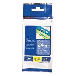 Brother TZe-555 Authentic Schriftband Selbstklebend Weißer Druck auf Blau 24 mm x 8m Produktbild