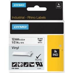 Dymo IND S0718600 / 18444 Authentic Rhino Vinyl Schriftband Selbstklebend Schwarzer Druck auf Weiß 12 mm x 5.5m Produktbild