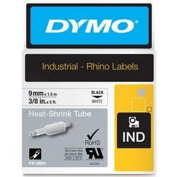 Dymo IND S0718280 / 18053 Authentic Rhino Heißschrumpfschlauch Selbstklebend Schwarzer Druck auf Weiß 9 mm x 1.5m Produktbild