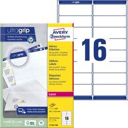 AVERY Zweckform Abziehhilfe QuickPEEL, ultragrip Adressetiketten L7162-100 Selbsthaftend DIN A4 Weiß 99,1 x 33,9 mm 100 Blatt à 16 Etiketten Produktbild