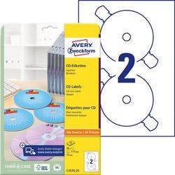 AVERY Zweckform CD/DVD Etiketten L7676-25 haftend DIN A4 Weiß 117 mm 25 Blatt à 2 Etiketten Produktbild