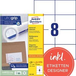 AVERY Zweckform ultragrip Laser Universaletiketten 3427-200 Selbsthaftend DIN A4 Weiß 105 x 74 mm 220 Blatt à 8 Etiketten Produktbild