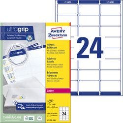 AVERY Zweckform Abziehhilfe QuickPEEL,ultragrip Adressetiketten L7159-100 Selbsthaftend DIN A4 Weiß 63,5 x 33,9 mm 100 Blatt à 24 Etiketten Produktbild