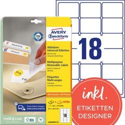 AVERY Zweckform L6025REV-25 Ablösbare Universaletiketten DIN A4 Weiß 63,5 x 46,6 mm 30 Blatt à 18 Etiketten Produktbild