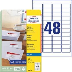 AVERY Zweckform Laser Adressetiketten J4791-25 Selbsthaftend DIN A4 Weiß 45,7 x 21,2 mm 25 Blatt à 48 Etiketten Produktbild