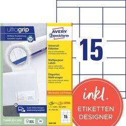 AVERY Zweckform ultragrip Laser Universaletiketten 3669-200 Selbsthaftend DIN A4 Weiß 70 x 50,8 mm 220 Blatt à 15 Etiketten Produktbild