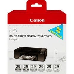 Canon PGI-29MBK/PBK/DGY/GY/LGY/CO Original Tintenpatrone Matt Schwarz, Foto Schwarz, Grau, Dunkelgrau, Hellgrau Multipack 6 Stück Produktbild